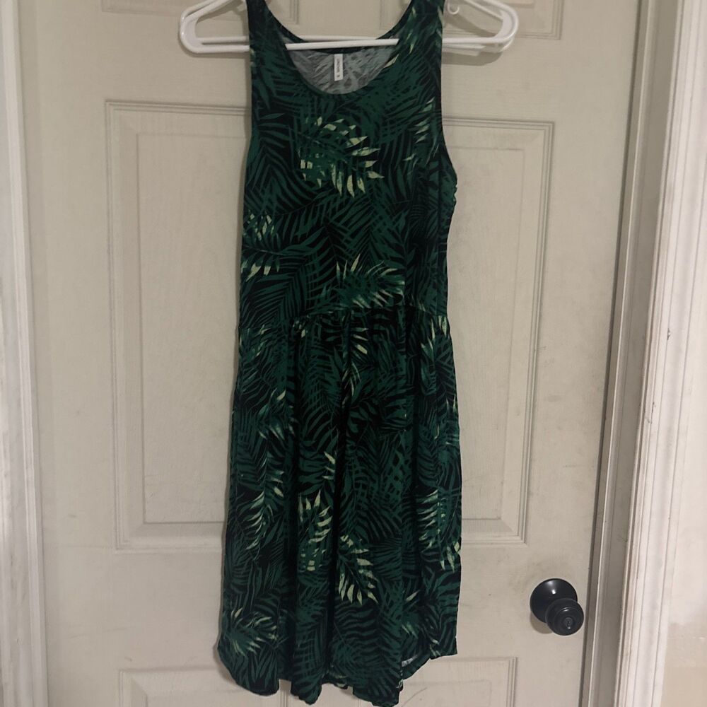 Women Longyuan Dress Medium Black Green Palm Sleeveless Casual Stretch